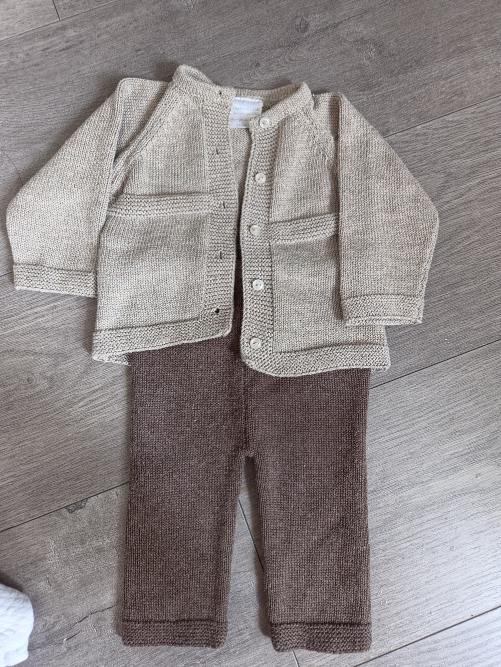 Kids Neutral Beige Knit Cardigan and Brown Pants Matching Set
